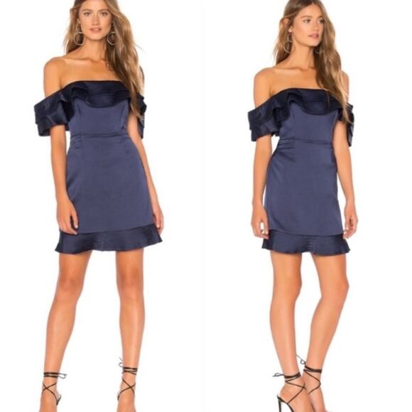 Bardot Dresses & Skirts - Bardot Athena Frill Off the Shoulder Navy Blue Satin Ruffle Mini Dress 10 Large
